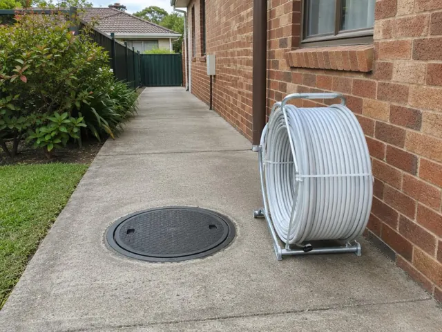 Concrete side path beside brick house with a capped round inspection cover and a hose reel on the wall in St Johns Park